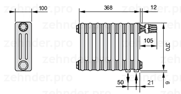 Схема (чертеж) Радиатор Zehnder Charleston 3037/8 №V002 Белый глянцевый RAL 9016